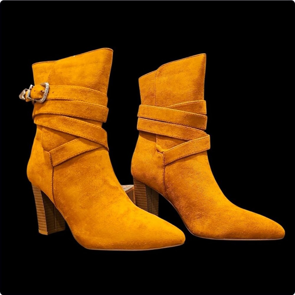 Mocha Faux Suede Ankle Boots With Stacked Heel & Decorative Buckle Strap Design - Picture 2 of 7